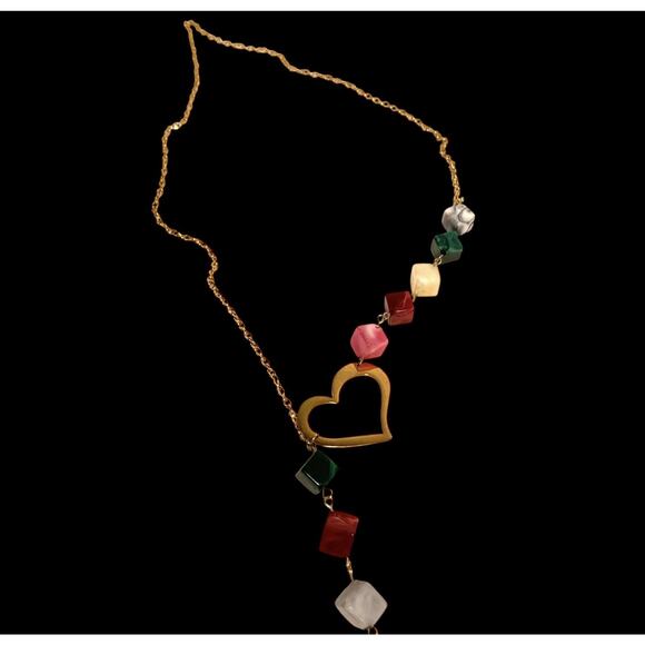 Asymmetric Heart & Cross Cubist Necklace Gold Tone Modern Christian Faith Y Drop - Picture 3 of 8